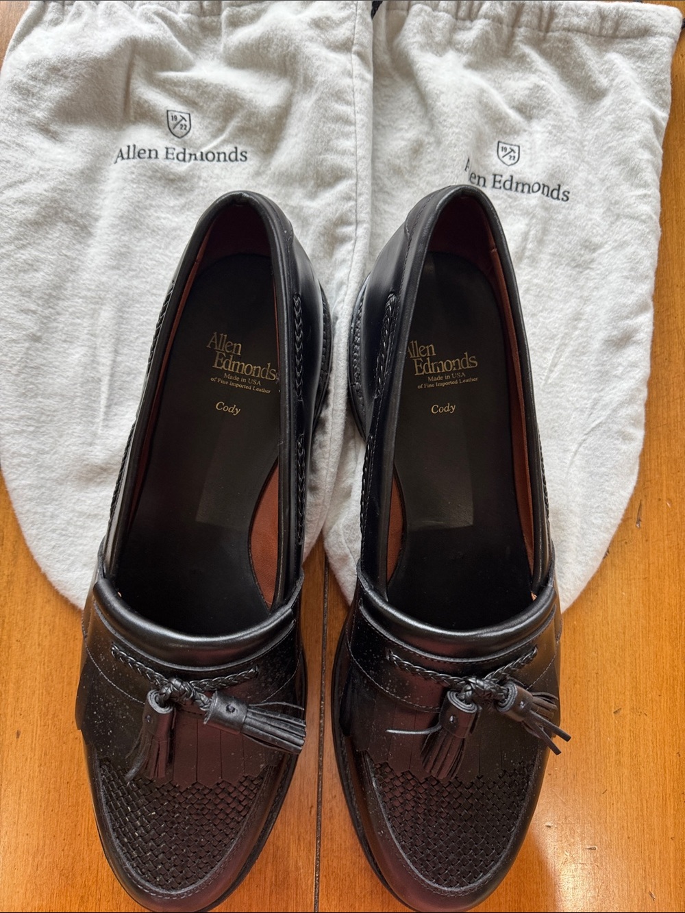 Allen Edmonds Cody Black Leather Tassel Woven Slip-On Loafers